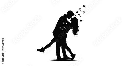A romantic couple embracing in a tender dance surrounded by hearts presented as a silhouette