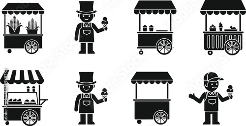 Black silhouette street food cart icons and ice cream vendor characters set isolated on white background for summer festival fair and outdoor market events