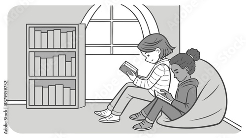 Two girls engrossed in reading books together in cozy library