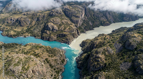 River convergence overlooking dramatic landscape patagonia aerial view nature's beauty serene environment