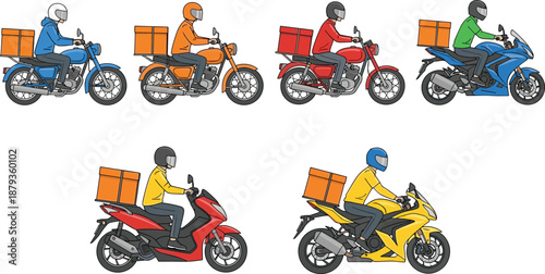Set of Delivery Man Characters Riding Motorcycles and Scooters with Thermal Boxes for Food Service Branding, Express Logistics Courier, and Transportation Vector Illustrations