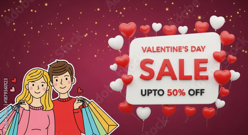 "Valentine's Day Sale" vector banner template. Store discount promotion illustration featuring a happy couple shopping and heart elements. Valentine's day upto 50% sale banner and poster.