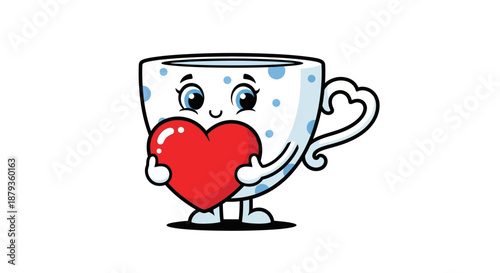 Cute cartoon teacup character holding a red heart
