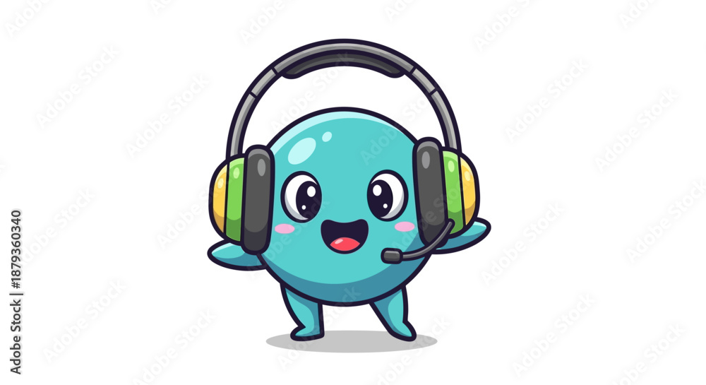 Obraz premium Cute Blue Cartoon Character Wearing Headphones and Microphone
