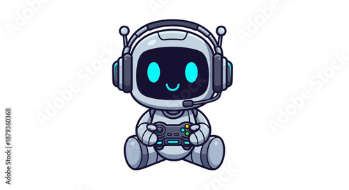 Cute Robot Gamer with Headset and Controller