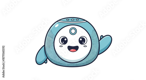 Cute round blue robot mascot with a happy expression waving its hand.
