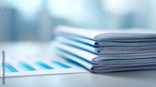 Stack of Organized Documents and Business Charts on a Desk with a Blurred Modern Office Background for Professional Use and Presentation Purposes