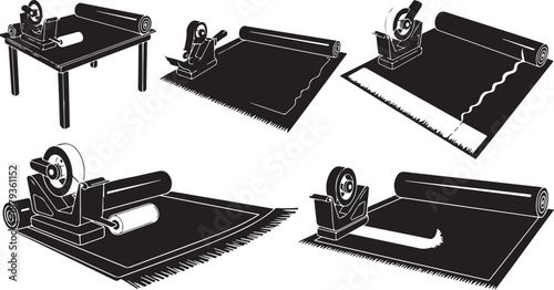 Illustration of various carpet cutting tools and techniques shown