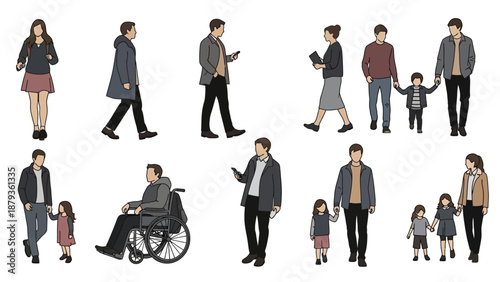 Collection of diverse people in various everyday activities and poses, including families, individuals, and a person in a wheelchair.