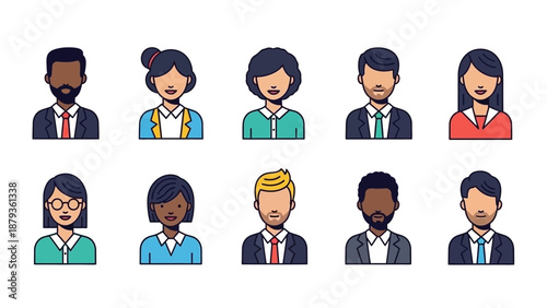 A diverse collection of ten stylized cartoon avatars representing people in professional attire.