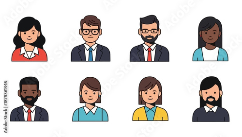 A collection of diverse cartoon avatars representing people of various ethnicities and genders, dressed in professional attire.