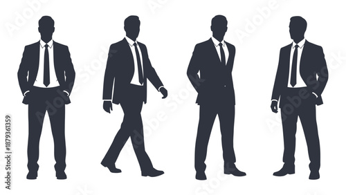 Silhouettes of four businessmen in suits standing and walking against a white background.