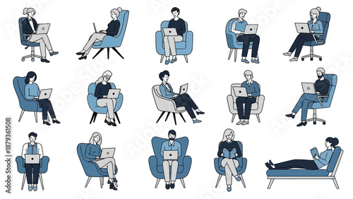 A collection of diverse individuals seated comfortably in chairs and on a sofa, each engrossed in using their laptops or reading a book.