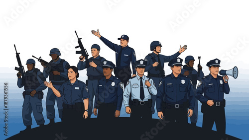 A diverse group of police officers, some armed with rifles, stand together on a dark hill, conveying a sense of unity and readiness.