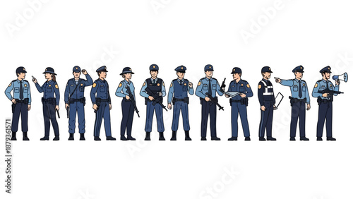 A diverse group of police officers in uniform, some holding weapons, standing in a line against a white background.