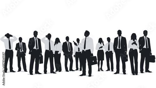 A diverse group of business professionals standing together in a studio setting.