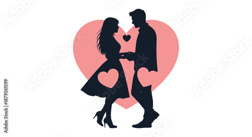 A romantic depiction of a couple embracing tenderly in front of a heart shape silhouette
