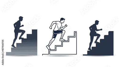Three stylized illustrations of a person running up a staircase, representing fitness and progress.
