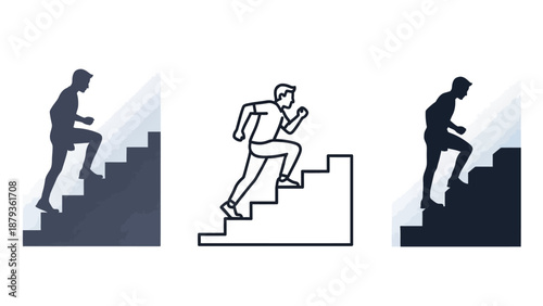 Three stylized illustrations of a person running up stairs, representing progress and fitness.