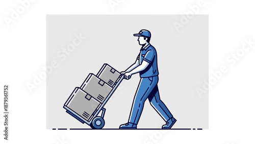 A delivery person in a blue uniform pushes a hand truck loaded with three cardboard boxes.