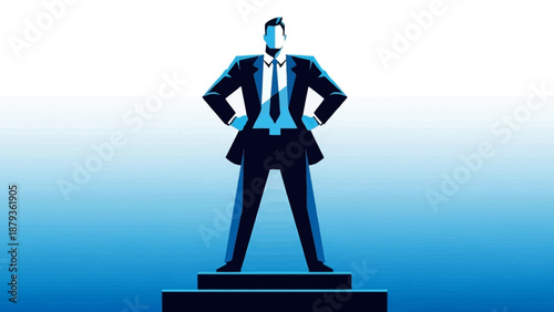 A confident businessman stands tall on a platform, exuding authority and success.
