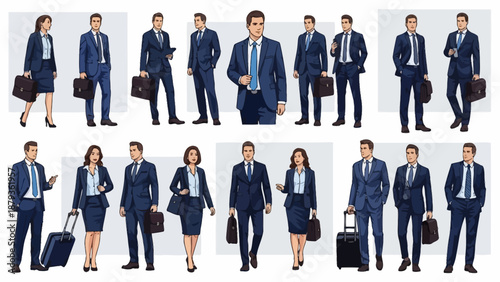 A collection of diverse business professionals in various poses, showcasing formal attire and accessories.