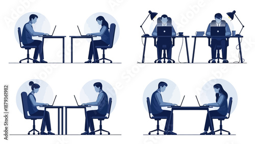 Four illustrations depicting people working on laptops at desks in various office and co-working arrangements.