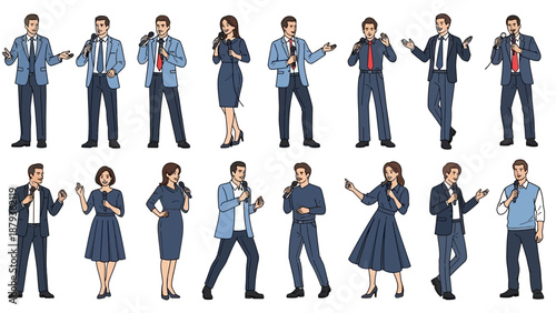 A diverse group of men and women in business attire, holding microphones and speaking.