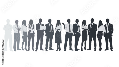 A diverse group of business professionals standing in a line, showcasing teamwork and corporate culture.