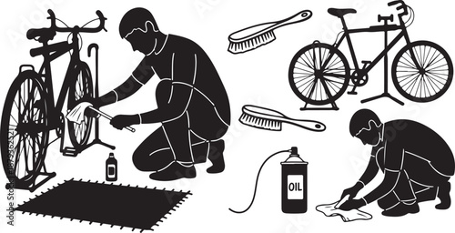 Man repairing and cleaning bicycle with tools and equipment