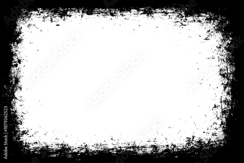 grunge texture frame with rough, distressed black edges surrounding a large blank white center. The border appears worn, splattered, and scratched, resembling ink smudges, paint erosion, and vintage.