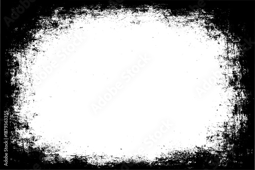 grunge texture frame with rough, distressed black edges surrounding a large blank white center. The border appears worn, splattered, and scratched, resembling ink smudges, paint erosion, and vintage.