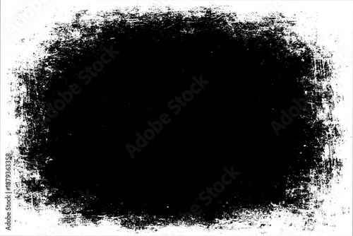 grunge texture frame with rough, distressed black edges surrounding a large blank white center. The border appears worn, splattered, and scratched, resembling ink smudges, paint erosion, and vintage.