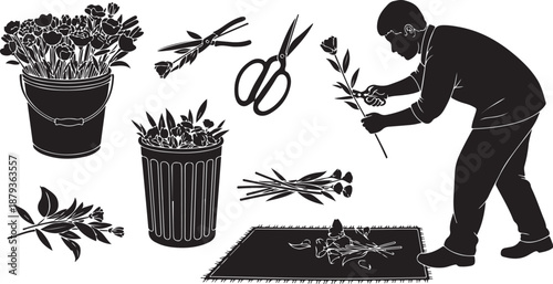 Man pruning plants with scissors in a gardening setting