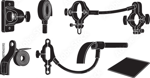 Various Black Metal Clamp and Holder Devices Illustrated