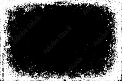 grunge texture frame with rough, distressed black edges surrounding a large blank white center. The border appears worn, splattered, and scratched, resembling ink smudges, paint erosion, and vintage.