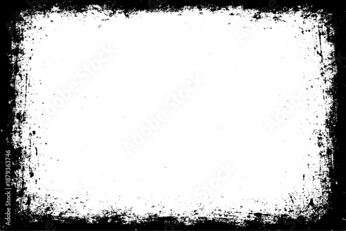 grunge texture frame with rough, distressed black edges surrounding a large blank white center. The border appears worn, splattered, and scratched, resembling ink smudges, paint erosion, and vintage.