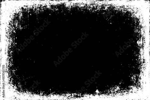 grunge texture frame with rough, distressed black edges surrounding a large blank white center. The border appears worn, splattered, and scratched, resembling ink smudges, paint erosion, and vintage.
