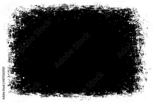 grunge texture frame with rough, distressed black edges surrounding a large blank white center. The border appears worn, splattered, and scratched, resembling ink smudges, paint erosion, and vintage.