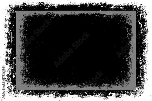 grunge texture frame with rough, distressed black edges surrounding a large blank white center. The border appears worn, splattered, and scratched, resembling ink smudges, paint erosion, and vintage.
