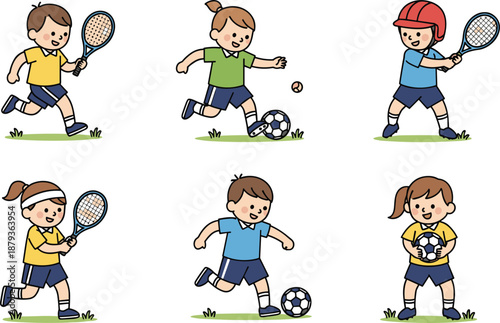 Set of Cute Cartoon Children Playing Sports Vector Illustration Featuring Kids Enjoying Soccer and Tennis Activities for Healthy Lifestyle and School Physical Education