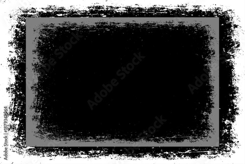 grunge texture frame with rough, distressed black edges surrounding a large blank white center. The border appears worn, splattered, and scratched, resembling ink smudges, paint erosion, and vintage.