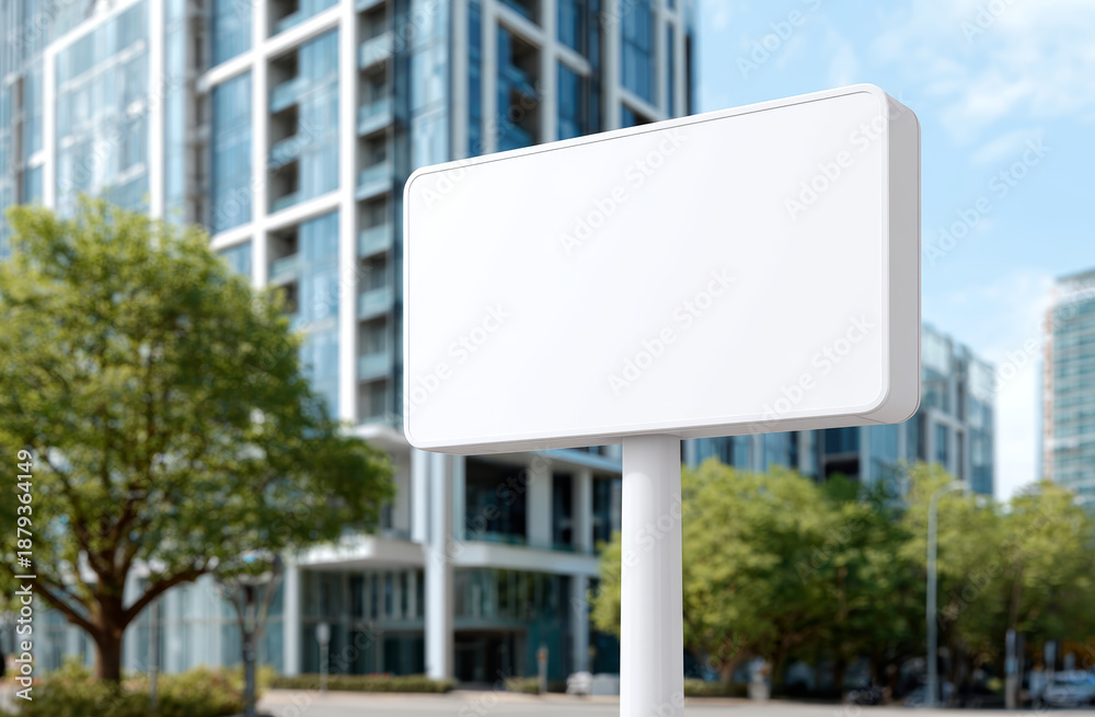 custom made wallpaper toronto digitalModern white rectangular signboard mounted on a pole in front of contemporary glass building with trees and a blue sky background