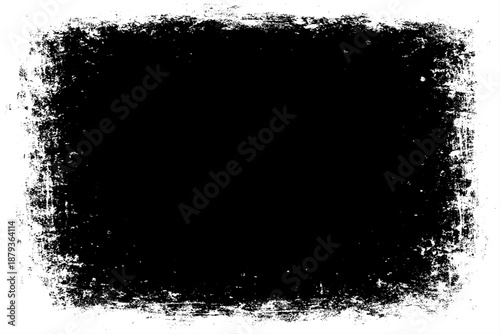 grunge texture frame with rough, distressed black edges surrounding a large blank white center. The border appears worn, splattered, and scratched, resembling ink smudges, paint erosion, and vintage.