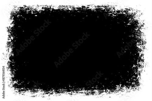 grunge texture frame with rough, distressed black edges surrounding a large blank white center. The border appears worn, splattered, and scratched, resembling ink smudges, paint erosion, and vintage.