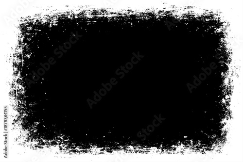 grunge texture frame with rough, distressed black edges surrounding a large blank white center. The border appears worn, splattered, and scratched, resembling ink smudges, paint erosion, and vintage.