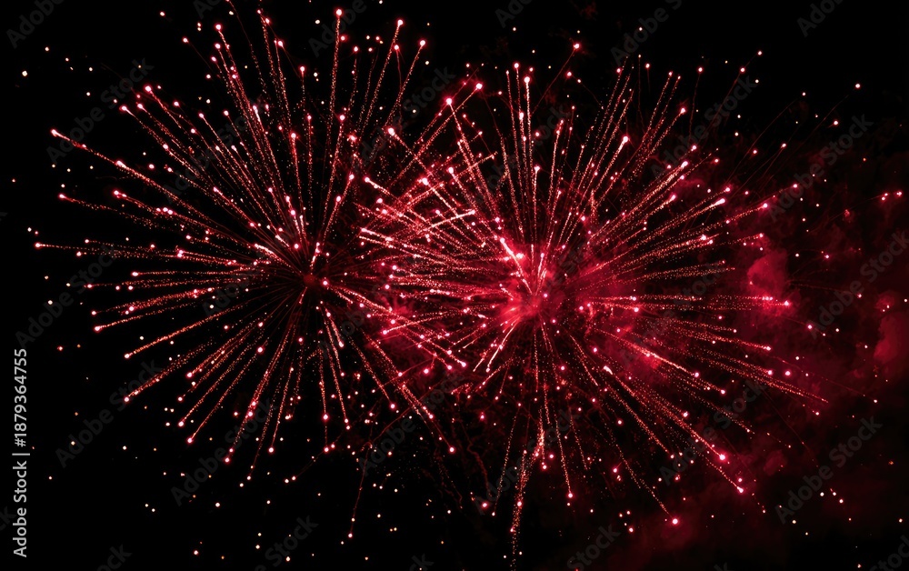 Fototapeta premium Two bright red bursts of fireworks illuminate a dark night sky