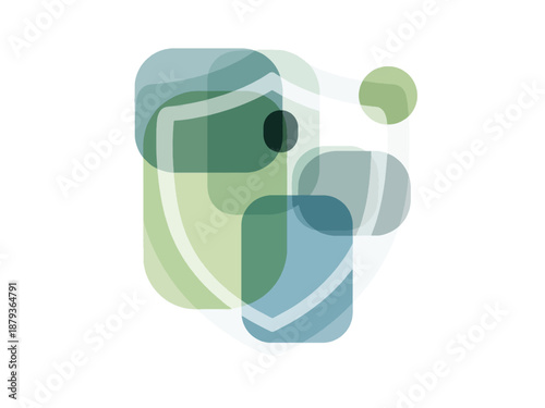 Abstract overlapping translucent shapes with a subtle shield outline, representing digital security and data protection.