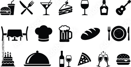 Food and drink icons set restaurant dining beverages desserts cooking bakery alcohol celebration flat silhouette vector illustration collection