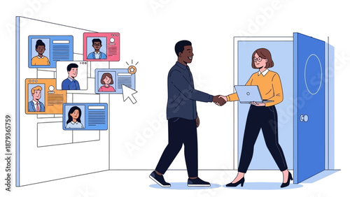 A diverse group of people are connected in a digital network, while two professionals shake hands in front of an open door.